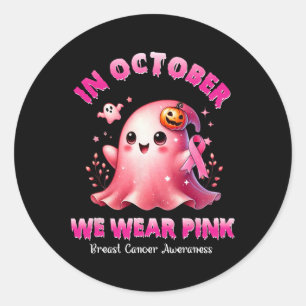 Sticker Rond Octobre Nous Portons Pink Ghost Witch Cancer du Se