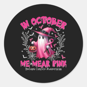 Sticker Rond Octobre Nous Portons Pink Ghost Witch Cancer du Se