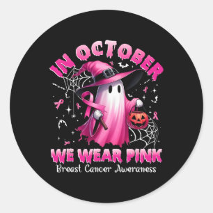 Sticker Rond Octobre Nous Portons Pink Ghost Witch Cancer du Se