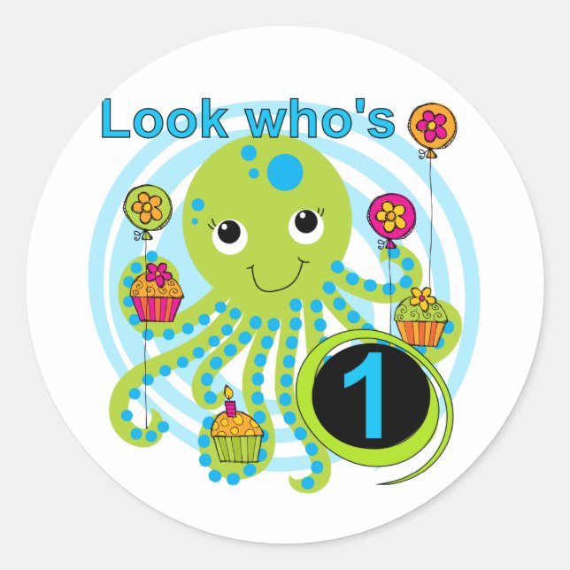 Sticker Rond Octopus 1er Anniversaire T-shirts et cadeaux (Devant)