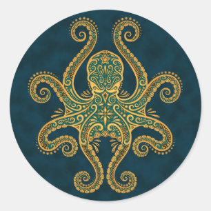 Sticker Rond Octopus bleu doré complexe