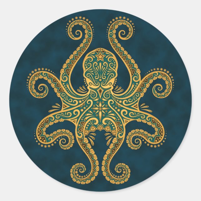 Sticker Rond Octopus bleu doré complexe (Devant)