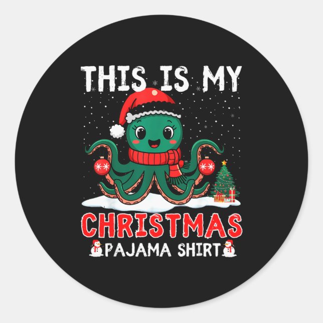 Sticker Rond Octopus Christmas Pajama Xmas Santa Hat Octopus Lo (Devant)