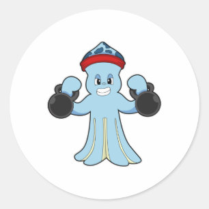 Sticker Rond Octopus comme Bodybuilder avec des cloches