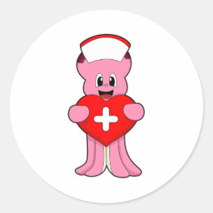 Sticker Rond Octopus comme infirmière avec coeur