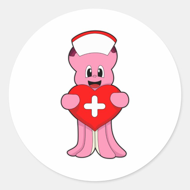 Sticker Rond Octopus comme infirmière avec coeur (Devant)