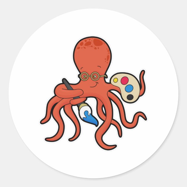 Sticker Rond Octopus comme Peintre avec Peinture et Pinceau (Devant)