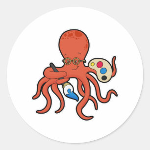 Sticker Rond Octopus comme Peintre avec Peinture et Pinceau