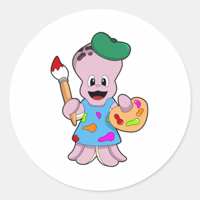 Sticker Rond Octopus comme Peintre avec pinceau (Devant)
