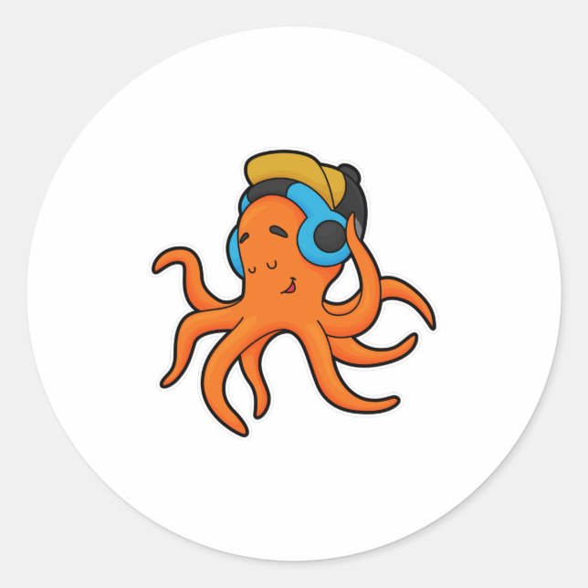 Sticker Rond Octopus en musique avec casque (Devant)