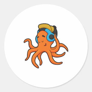 Sticker Rond Octopus en musique avec casque