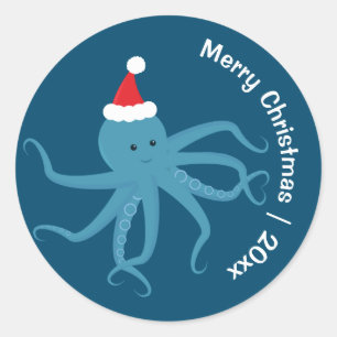 Sticker Rond Octopus Père Noël Joyeux Noël