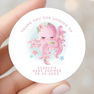 Sticker Rond Octopus rose Aquarelle fille Baby shower Merci