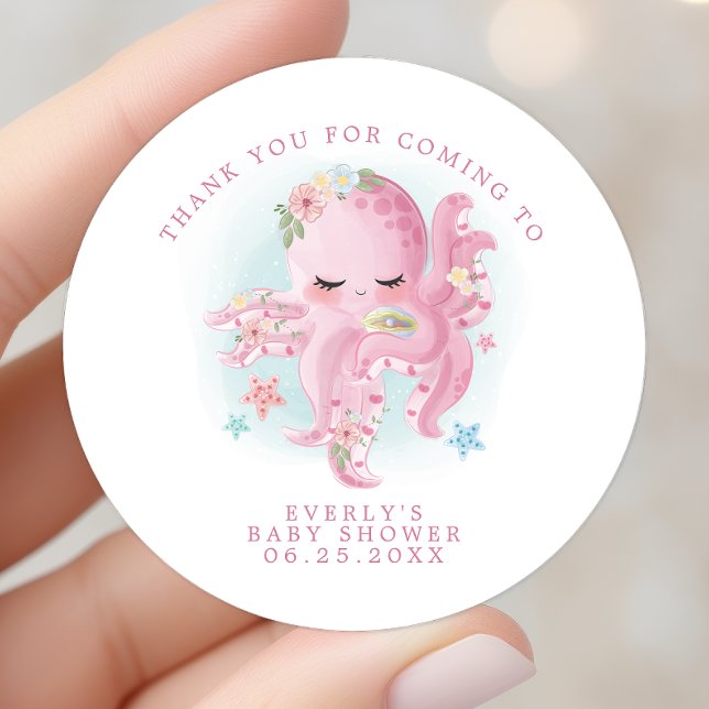 Sticker Rond Octopus rose Aquarelle fille Baby shower Merci (Créateur téléchargé)
