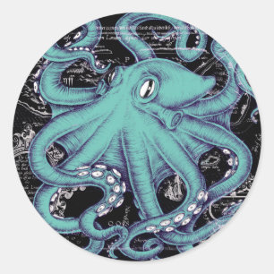 Sticker Rond Octopus Teal vintage map
