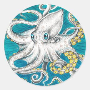 Sticker Rond Octopus Tentacles encre turquoise verte