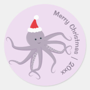 Sticker Rond Octopus violet Père Noël Joyeux Noël