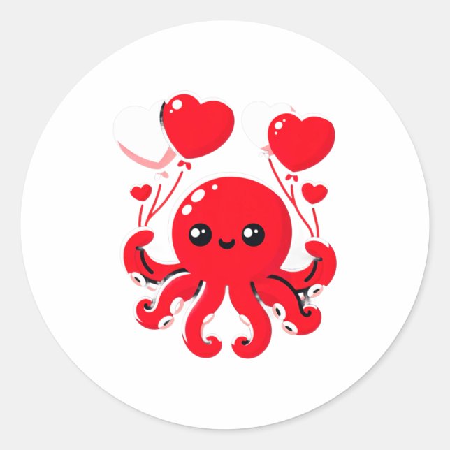 Sticker Rond Octopus With Heart Lloons Adorable Valentines Day  (Devant)