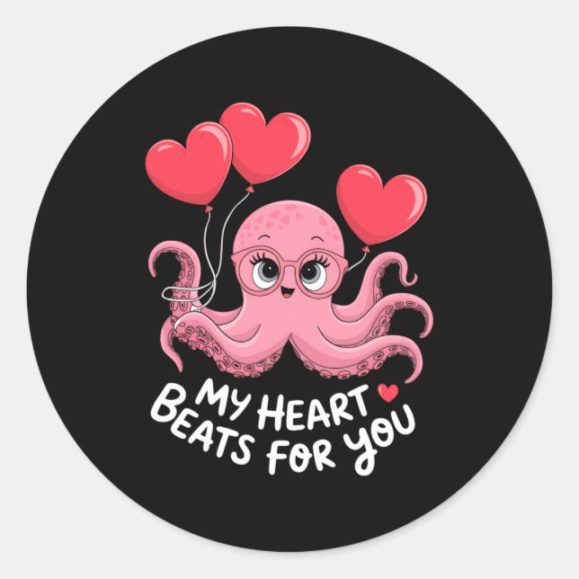 Sticker Rond Octopus With Heart Lloons My Heart Beats For You V (Devant)