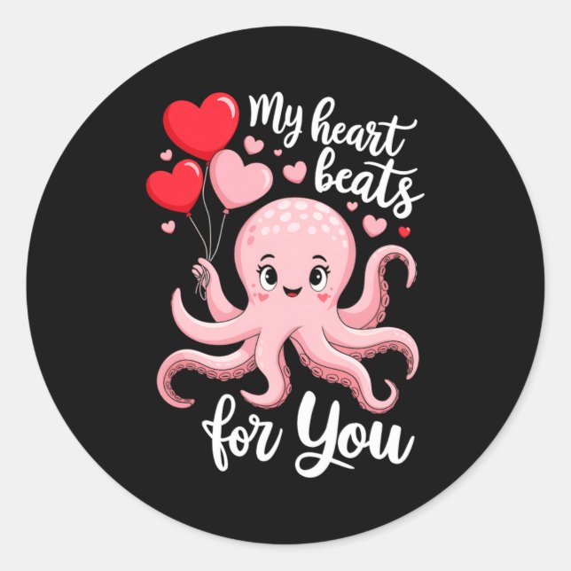 Sticker Rond Octopus With Heart Lloons My Heart Beats For You V (Devant)