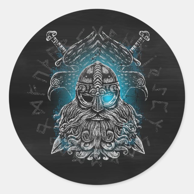 Sticker Rond Odin avec corbeaux et épées Viking Mythologie bleu (Devant)