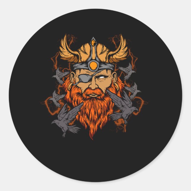 Sticker Rond Odin Norse Mythologie Viking God & Ravens (Devant)