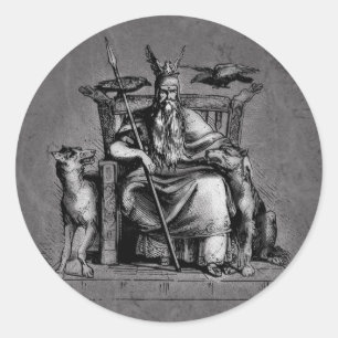 Sticker Rond Odin ravens on his stone throne viking mythology