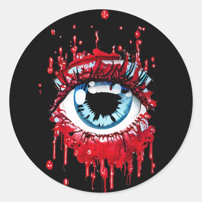 Sticker Rond Oeil bleu goutte sang horreur art (Devant)