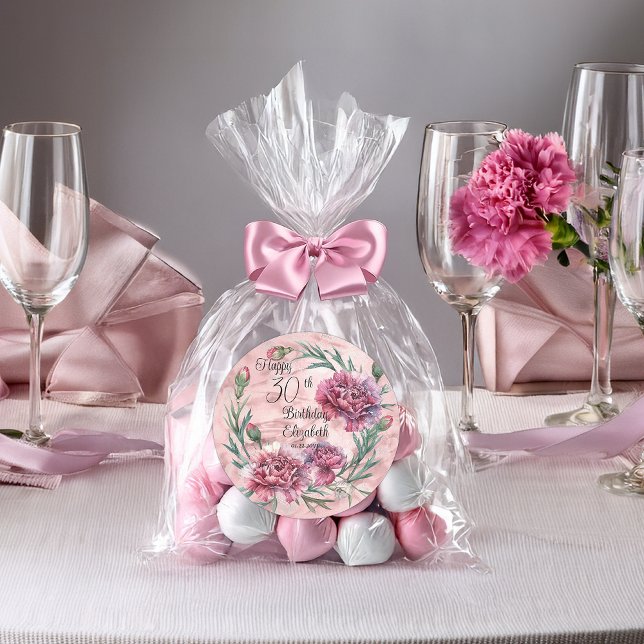 Sticker Rond Œillets roses élégants pour fête d'anniversaire 30 (Elegant Pink Carnations 30th Birthday Party Favor Classic Round Stickers - 2 Sizes)
