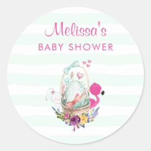 Sticker Rond Oeuf de baby shower avec Flamant rose et lapin