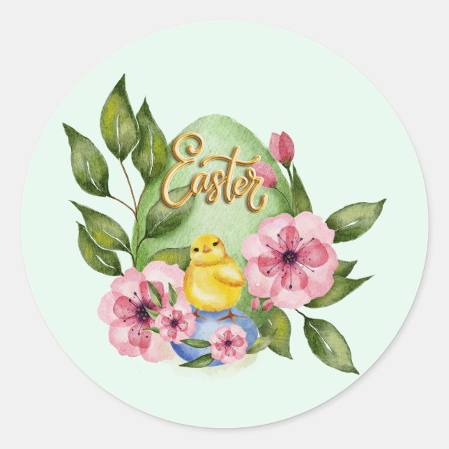 Sticker Rond Oeuf de Pâques, Poule de bébé, Fleurs de printemps (Devant)