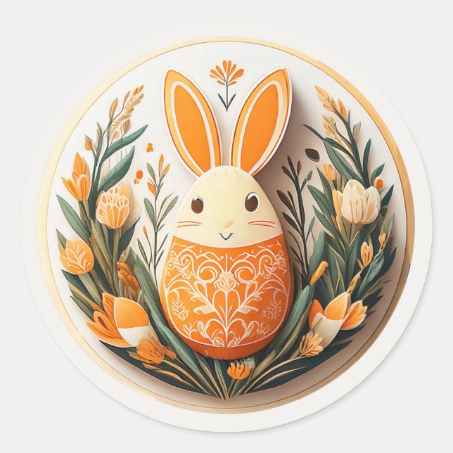 Sticker Rond Oeuf de Pâques Tulipes lapin Orange ID1084 (Devant)