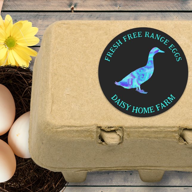 Sticker Rond Œufs de canard frais Entreprise moderne (Fresh free range duck egg box stickers colorful cool duck with personalized business name )