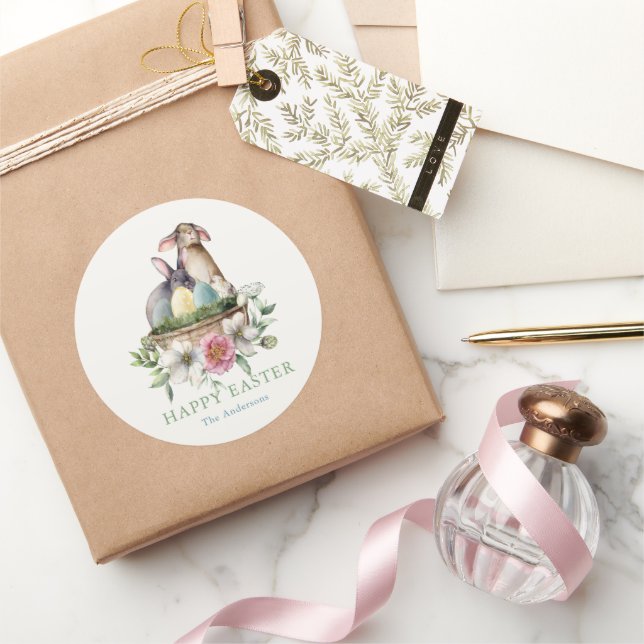 Sticker Rond Oeufs De Lapin Floral Joyeux Pâques (Cadeaux)