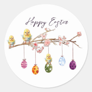 Sticker Rond Œufs de Pâques poussins Joyeuses Pâques