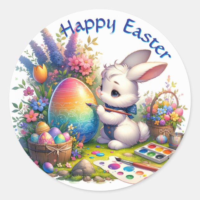 Sticker Rond OEufs De Peinture De Lapin De Pâques Mignons (Devant)