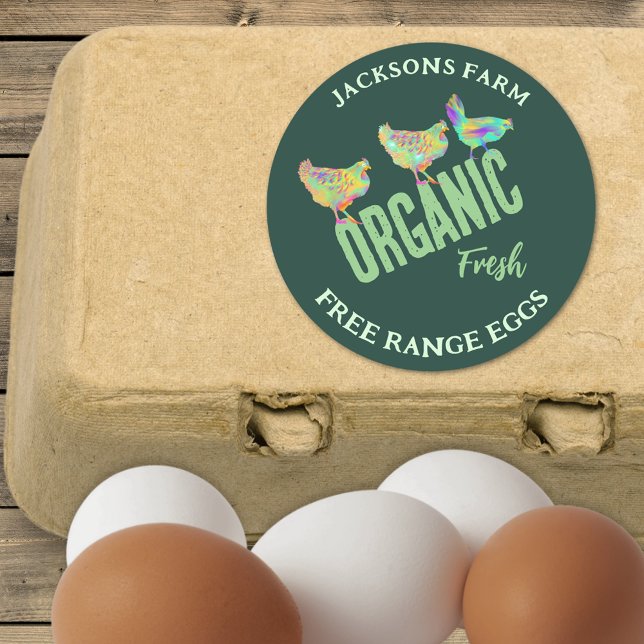 Sticker Rond Oeufs De Poulet Frais Libre Gamme Bio (Organic fresh free range chicken eggs stickers with personalized small business name)