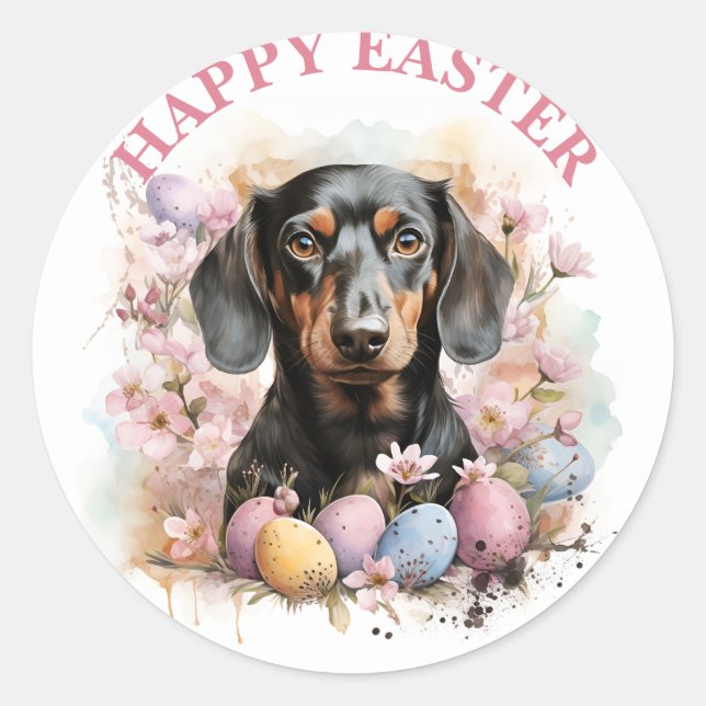 Sticker Rond Oeufs et fleurs de chocolat de Pâques Dachshund - (Devant)