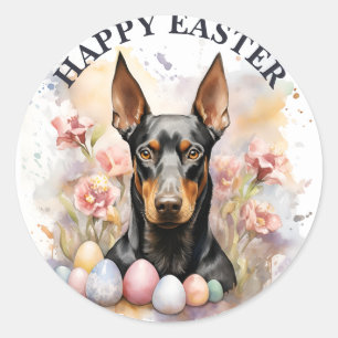 Sticker Rond Oeufs et fleurs de chocolat de Pâques Doberman -