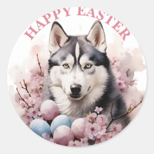 Sticker Rond Oeufs et fleurs de chocolat Husky de Pâques -