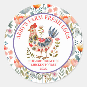 Sticker Rond Œufs frais de la ferme Art populaire Poulet