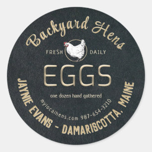 Sticker Rond OEufs frais d'or embouteillé Blanc Hen sur Noir