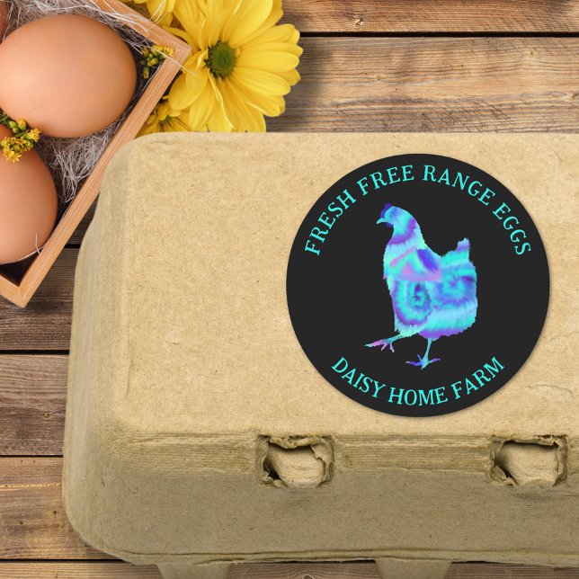 Sticker Rond Œufs frais Entreprise moderne (Fresh free range chicken egg box stickers colorful hen with personalized small business name)