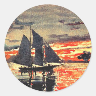 Sticker Rond Œuvre d'art de Winslow Homer, Feux du coucher de s