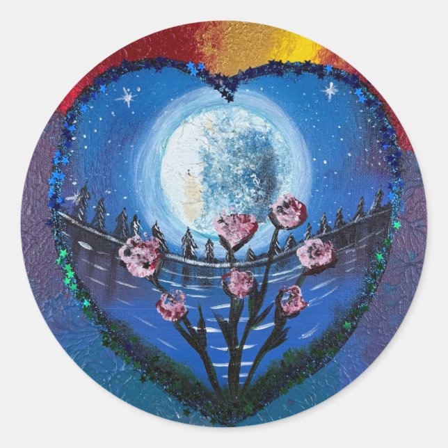 Sticker Rond Œuvre d'art faite à la main au clair de lune et au (Devant)