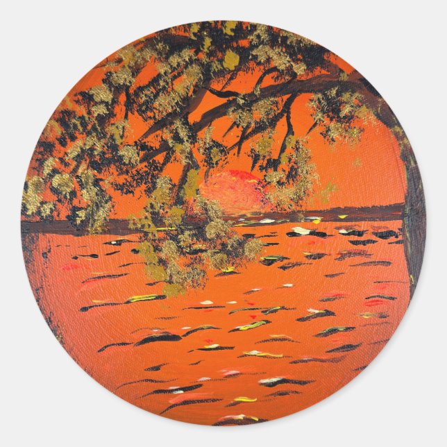 Sticker Rond Œuvre d'art faite main - Coucher de soleil doré  (Devant)