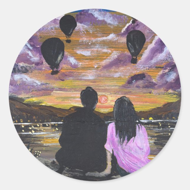 Sticker Rond Œuvre d'art faite main – Coucher de soleil ensembl (Devant)