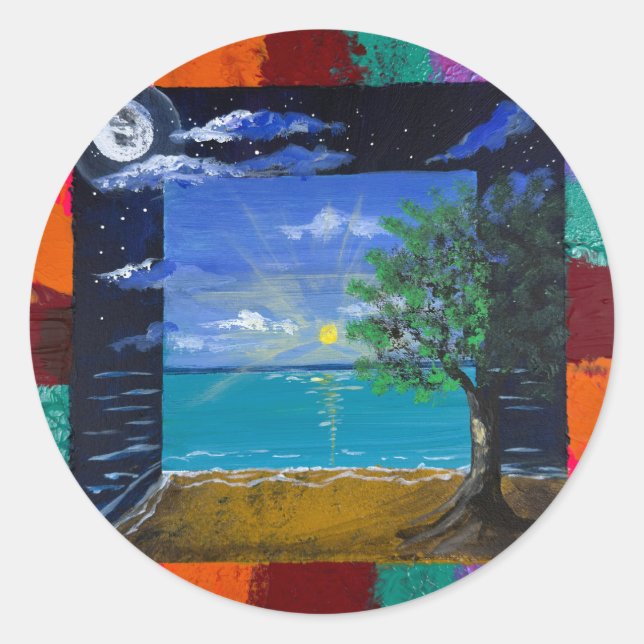 Sticker Rond Œuvre d'art faite main - Jour et Nuit  (Devant)