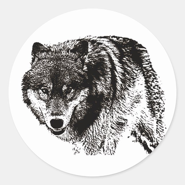Sticker Rond Oeuvre d'art noir et blanc Wild Wolf (Devant)