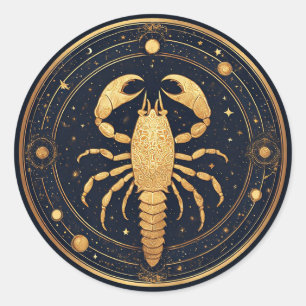 Sticker Rond Œuvre d'art Scorpion Doré avec Symboles Astrologiq